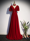 Wjczt Red High Neckline Velvet Long Party Dress, Red Short Sleeves Velvet Prom Dress
