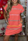 Wjczt  Casual Striped Patchwork Pocket O Neck A Line Short Sleeve Dress(5 Colors)
