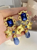 Wjczt 2024 New Bow Knot Rhinestone Handmade Blue Glass Earrings