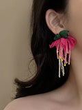 Wjczt 2024 New Silver Pin Flower Beaded Tassel Earrings