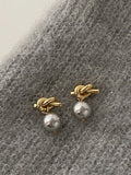 Wjczt 2024 New Retro Knotted Metal Gray Pearl Stud Earring