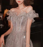 Wjczt Elegant Gray Flowers Evening dress Off Shoulder Shiny Sequin Lace A-line Ruched Lace up Woman Formal Party Prom Gowns 2024 New