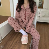 Wjczt - Heart Print Home Suit Loose Cotton Casual Sleepwear Korean Pajamas Set Trousers Harajuku Home Clothes Kawaii Single Breasted Top
