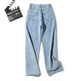 Wjczt - Woman Oblique Belt Jeans High Waist Clothes Wide Leg Denim Clothing Blue Gray Streetwear Vintage Fashion Harajuku Straight Pants