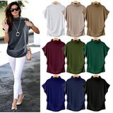 Wjczt Women Casual Turtleneck Short Sleeve Cotton girl Solid Casual  Top Shirt female Plus Size Solid girl clothing fashion