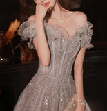 Wjczt Elegant Gray Flowers Evening dress Off Shoulder Shiny Sequin Lace A-line Ruched Lace up Woman Formal Party Prom Gowns 2024 New