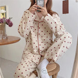 Wjczt - Heart Print Home Suit Loose Cotton Casual Sleepwear Korean Pajamas Set Trousers Harajuku Home Clothes Kawaii Single Breasted Top