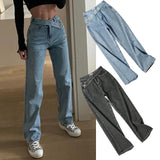 Wjczt - Woman Oblique Belt Jeans High Waist Clothes Wide Leg Denim Clothing Blue Gray Streetwear Vintage Fashion Harajuku Straight Pants