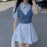 Wjczt 2024 Summer Women's Dresses Korean Fashion Vintage Puff Sleeve Shirt Dress Women's Denim Camisole Vest Set New In Dresses