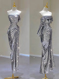 Wjczt Silver Shiny Cocktail Dresses Strapless Ruched Sleeveless Mermaid Sequins Light Luxury Red Carpet Woman Evening Prom Party Gowns