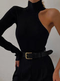 Wjczt Black Turtleneck Bodysuit Women Sexy One Shoulder Long Sleeve Body Top Female Bodycon Overalls Elegant Backless Jumpsuits