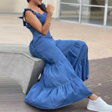 Wjczt Women Solid Imitation Denim Jumpsuits Spring V Neck High Waist Straight Playsuits Summer Backless Wide Leg Pleated Pants Rompers