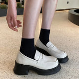 Wjczt spring Plus Size Platform Shoes for Women Slip-on Women's High Heels Fretwork Heels Ladies Pumps Chunky Heel Women Loafers