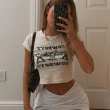 Wjczt Letter Print Summer T-shirts Women Crop Top Short Sleeve Sexy Casual O-Neck Streetwear White Slim Fashion Basic  Cropped Tops