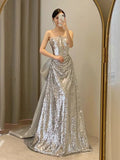 Wjczt Silver Simple Bridesmaid Dresses Strapless Bow Trailing Sleeveless Shiny Sequins Long Wedding Beach Party Bride Prom Gowns 2024
