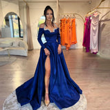 Wjczt Gorgeous Royal Blue Women's Evening Dresses A-Line Satin Sexy Side Split Princess Prom Gowns Fashion Celebrity Party Vestidos De