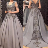 Wjczt Grey A-Line Evening Dresses 2024 Sexy V-Neck Sleeveless Women's Formal Party Fashion Celebrities Elegant Applique Prom Gown Robe