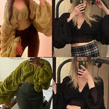Wjczt Women Sexy Chiffon Short Blouse Female See Through Super Long Sleeve Blusas Purple/Green/Black/White Folds Party Tops 2024 New