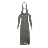 Wjczt Waste Soil Style Distressed Hooded Dress Elegant Slim Slimming and Shoulder Hollow Design for Women Spring Summer