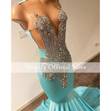 Wjczt Luxury Crystal Beads Cyan Prom Dresses Long For Black Girls Sheer O-neck Blue Mermaid Senior Graduation Party Prom Gowns 2024