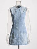 Wjczt Denim Hollow Out Dresses For Women Round Neck Sleeveless Tunic Patchwork Pockets Vintage Dress Female Fashion Style