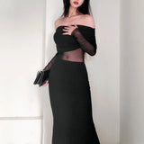 Wjczt Autumn Sexy Women's Dress Strapless Black Lace Patchwork Long Sleeves Bodycon Dresses Streetwear Elegant Club Party Long Dress