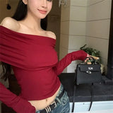 Wjczt Sexy Tops Off Shoulder Long Sleeve Crop Top Women's Autumn/Winter 2024 New Spicy Girl Slim Fit Short Red T-shirt