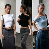 Wjczt Sexy T-shirts Women Summer New Fashion Black Short Sleeve Slash Neck Folds Crop Top Casual Streetwear Bodycon Solid T-shirts