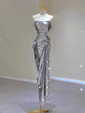 Wjczt Silver Shiny Cocktail Dresses Strapless Ruched Sleeveless Mermaid Sequins Light Luxury Red Carpet Woman Evening Prom Party Gowns