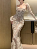 Wjczt Sexy Bodycon Lace Long Dresses for Women Spaghetti Strap Wedding Party Dress Evening Maxi Mermaid Prom Robe Vestidos Mujer New