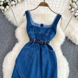 Wjczt Denim Strap Dress 2024 Summer Fashion Women Goddess Waist Slim Sleeveless Jeans Dress Ladies Side Slit A-line Denim Dress