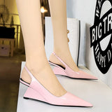 Wjczt 2024 Women 6.5cm High Heels Pumps Lady Pointed Toe Wedges Strange Middle Low Heels White Nude Pink Mules Patent Leather Shoes