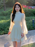 Wjczt French Elegant Slim Ruffle Dress Summer Women Graduation Evening Party Robe Female Bubble Sleeve Korean Chiffon Vestidos