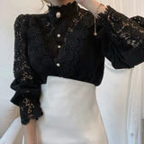 Wjczt Women's Elegant Embroidery Lace Blouses Flower Petal Sleeve Hollow Out Stand Collar Tunic Spring Solid White Shirt Top For Women