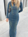 Wjczt Fashion Women Denim Dress Vintage Blue Long Sleeve Back Zipper Dresses For Women 2023 Spring Causal Slim Fit Ladies Long Dresses