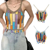 Wjczt Women Bohemian Crocheted Sleeveless V-Neck Camisole Summer Hollowed Knitted Colorful Tassels Thin Straps Crop Top