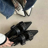 Wjczt Slingback Shoes Gothic Chunky Heels Women's Pumps Rivet Street Style Medium Heel Punk Vintage Casual Sandals Spring Summer 2024