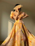 Wjczt Vintage Print Midi Dresses for Women 2023 New Summer French Elegant Spaghetti Strap Ruffle Female Clothes Casual Holiday Dress