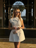 Wjczt 2024 Women Elegant Slim Solid Pockets Mini Dress Fashion O-neck Short Sleeve A-line Dresses Office New Lady Chic Commuting Robes