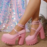 Wjczt Pink Chunky Heeled Ankle Strap Pumps Sweet Platform Square Heel Woman High Heels Pumps Platform Shoes 2024 Spring Woman Shoes