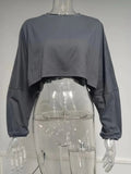 Wjczt - Women Solid Color Short Sport Hoodies& Sweatshirts Autumn Winter Round Neck Loose Long Sleeve Y2k T Shirt Top