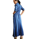 Wjczt Dress for Women 2024 Spring Korean Fashion Vintage Denim Dress A-line Long Sleeve Button Zipper Pocket Maxi Dress Lady Clothing