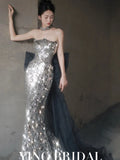 Wjczt Sequins Mermaid Celebrity Dresses Boat Neck Sleeveless Silver Glitter Shiny Luxury Quinceanera Detachable Bow Prom Evening Gowns