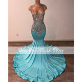 Wjczt Luxury Crystal Beads Cyan Prom Dresses Long For Black Girls Sheer O-neck Blue Mermaid Senior Graduation Party Prom Gowns 2024