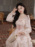 Wjczt 2024 Spring Pink Floral Elegant Dress Women Bandage Lace Print Sweet Vintage Dress Puff Sleeve Kawaii Dress Women Princess Fairy