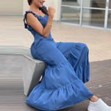 Wjczt Women Solid Imitation Denim Jumpsuits Spring V Neck High Waist Straight Playsuits Summer Backless Wide Leg Pleated Pants Rompers