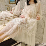 Wjczt - Fairy White Night Dress Women Sexy Lace Peignoir Long Sleeve Robe Dressing Gown Vintage Nightgown Princess Nightwear Sleepwear