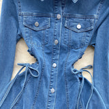 Wjczt Women Single Breasted Denim Dresses Retro Waist Slimming Temperament Turn-down Collar Bandage Slim Short Jeans Dresses