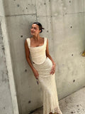 Wjczt Elegant Women 2 Piece Dress Set 2024 Maxi Wedding Guest Dress Lace Up Crop Top and Maxi Skirt Set Formal Event Dress