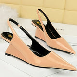 Wjczt 2024 Women 6.5cm High Heels Pumps Lady Pointed Toe Wedges Strange Middle Low Heels White Nude Pink Mules Patent Leather Shoes